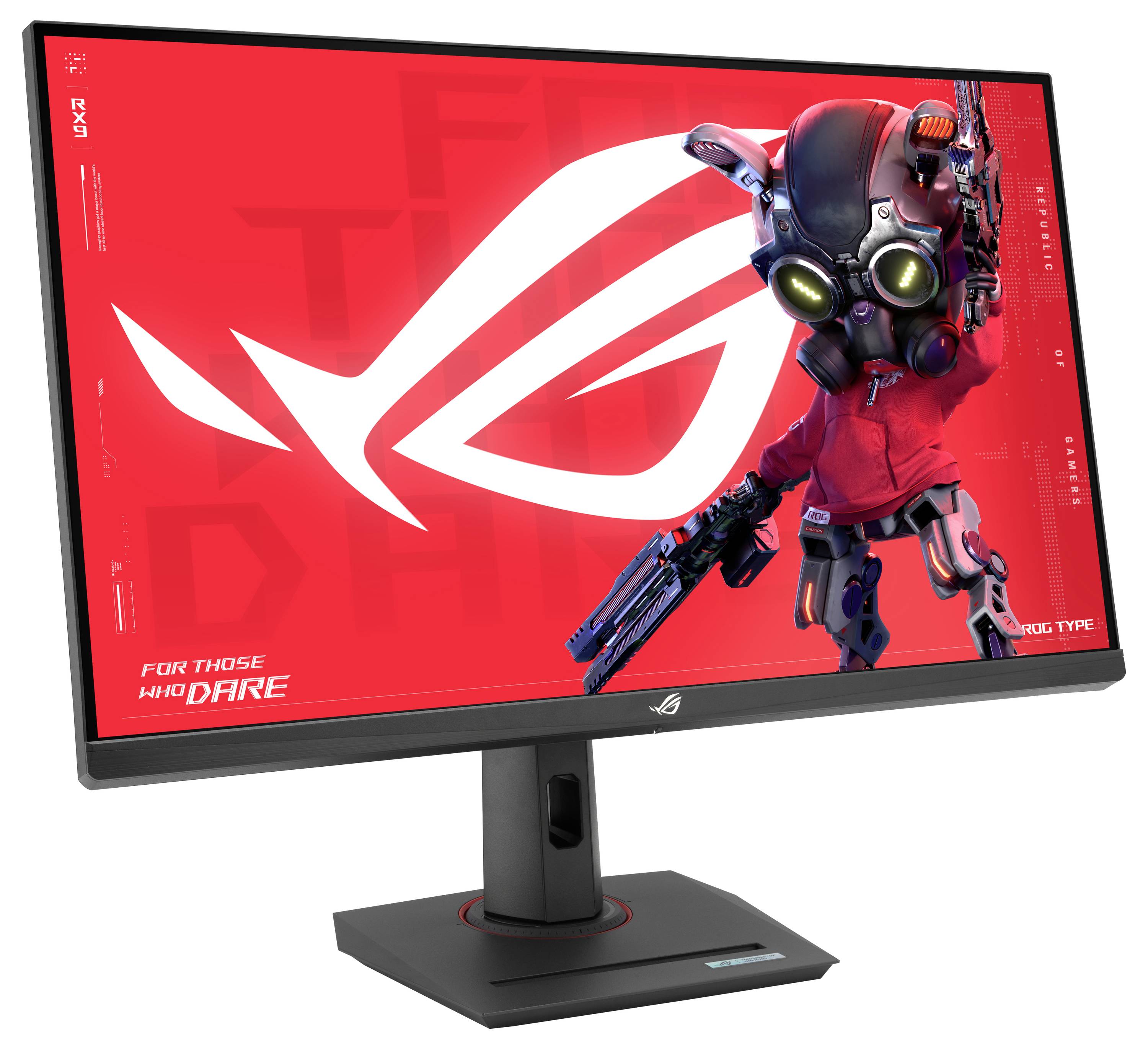 Ein Gaming-Monitor zeigt eine Roboterfigur auf hellem rotem Hintergrund mit großem Logo. Der Text auf dem Bildschirm lautet „Für die, die es wagen".
