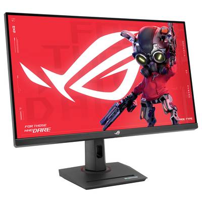 Ein Gaming-Monitor zeigt eine Roboterfigur auf hellem rotem Hintergrund mit großem Logo. Der Text auf dem Bildschirm lautet „Für die, die es wagen".