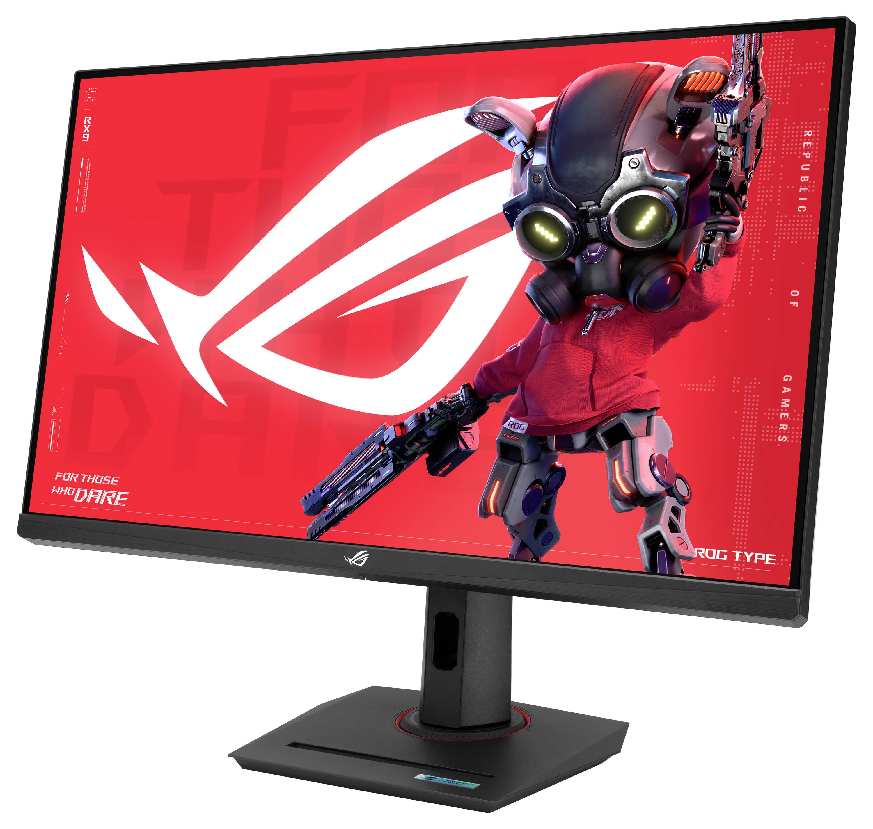 Ein Computermonitor zeigt einen leuchtend roten Gaming-Bildschirm mit einer Sci-Fi-Figur und dem Text "FOR THOSE WHO DARE" und "ROG TYPE".