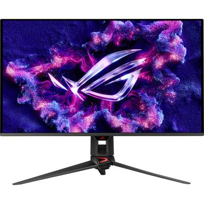 Ein Gaming-Monitor mit einem lebendigen, neonfarbendem Design und einem stilisierten Logo in der Mitte.