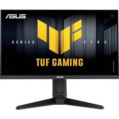 "ASUS TUF Gaming Series Five"-Monitor mit einem Logo auf dem Bildschirm, vor dunklem Hintergrund positioniert, das schlanke Design hervorhebend.