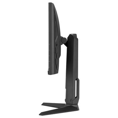 'Rückansicht eines Computermonitors mit Anschlüssen einschließlich HDMI, DisplayPort und USB. Der Ständer ist auf der linken Seite sichtbar.'