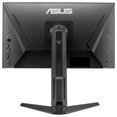 „Rückansicht eines ASUS TUF Gaming-Monitors mit Standfuß, eckigem Design und hinteren Anschlussanschlüssen."