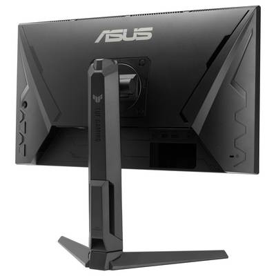 Ein Computermonitor zeigt ein lebendiges rotes Design mit einem stilisierten Logo und einer futuristischen, gepanzerten Figur, die eine Waffe auf der rechten Seite hält.