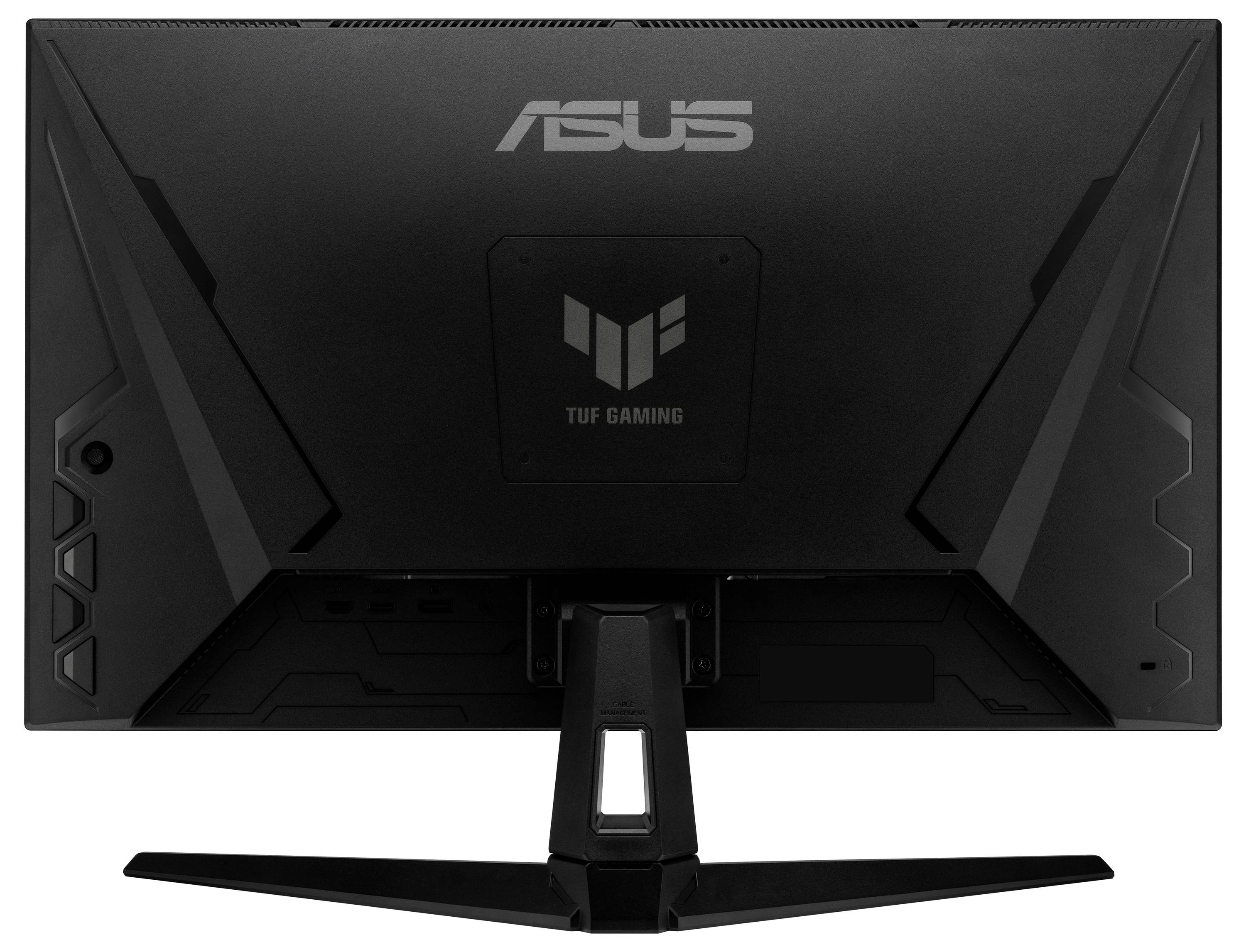 ASUS TUF Gaming Monitor mit eckigem Standfuß, schwarzem Rahmen und gelb-orangem Emblem auf dem Bildschirm.