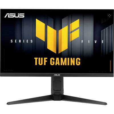 Frontansicht eines ASUS TUF Gaming Monitors, Serie 5, mit dem TUF Gaming Logo auf dem Bildschirm angezeigt. Der Monitor steht auf einem Ständer.