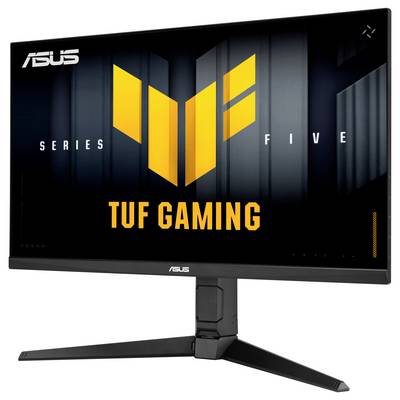 Ein schwarzer Gaming-Monitor von hinten gesehen, der das ASUS-Logo und das "TUF Gaming"-Emblem anzeigt. Das Design ist kantig und elegant.