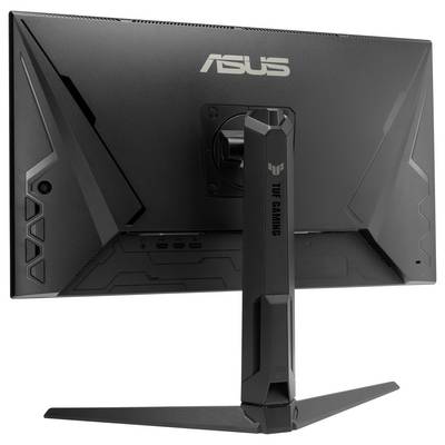 Ein schwarzer ASUS TUF Gaming Monitor von hinten betrachtet, der ein charakteristisches eckiges Design und ein Markenlogo in der Mitte zur Schau stellt.