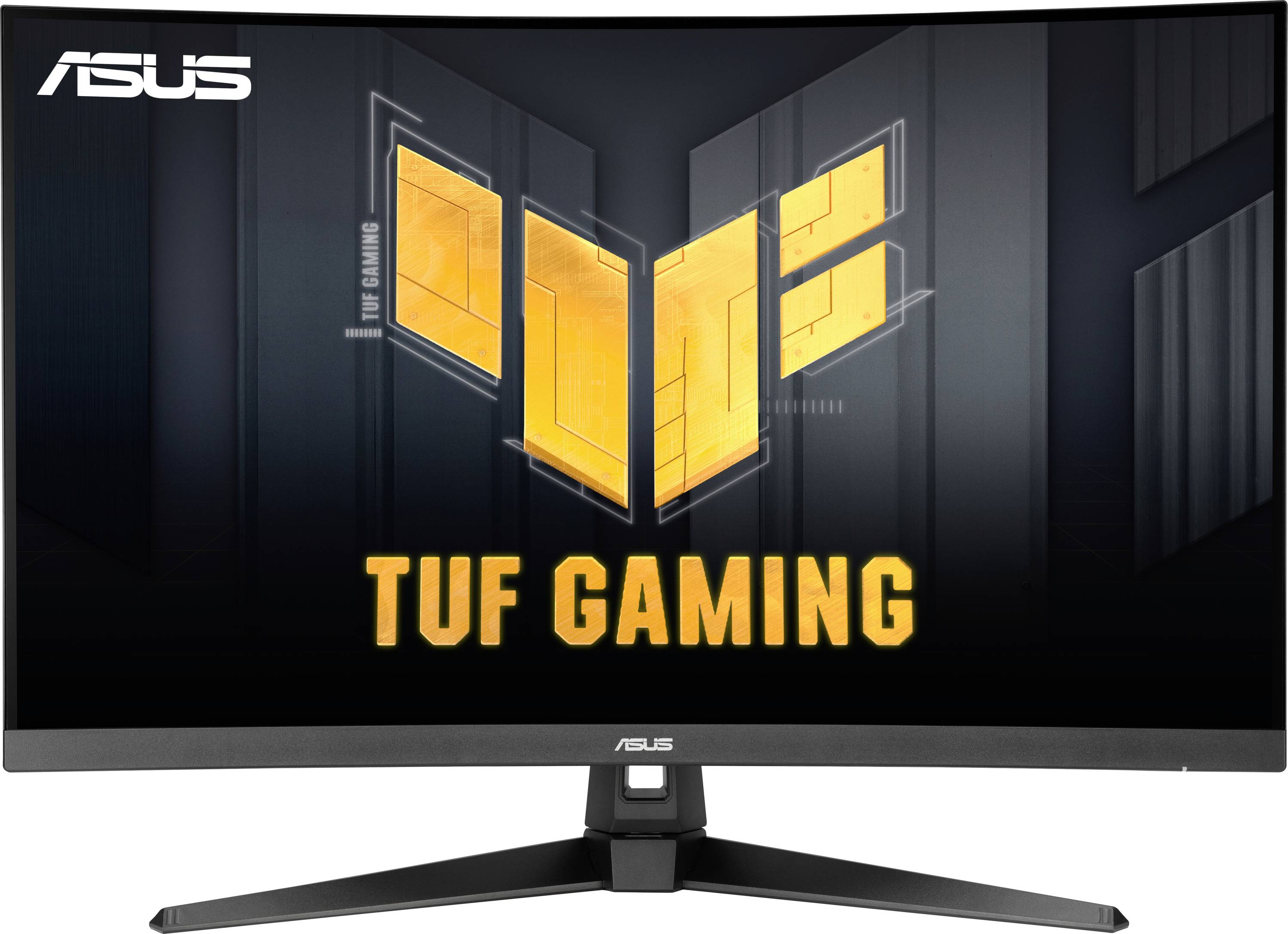 ASUS TUF Gaming Monitor mit gekrümmtem Bildschirm, auf dem das ASUS-Logo und der Text „TUF Gaming" prominent angezeigt werden.