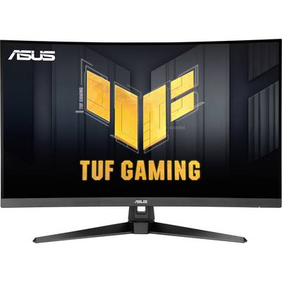 ASUS TUF Gaming Monitor mit gekrümmtem Bildschirm, auf dem das ASUS-Logo und der Text „TUF Gaming" prominent angezeigt werden.