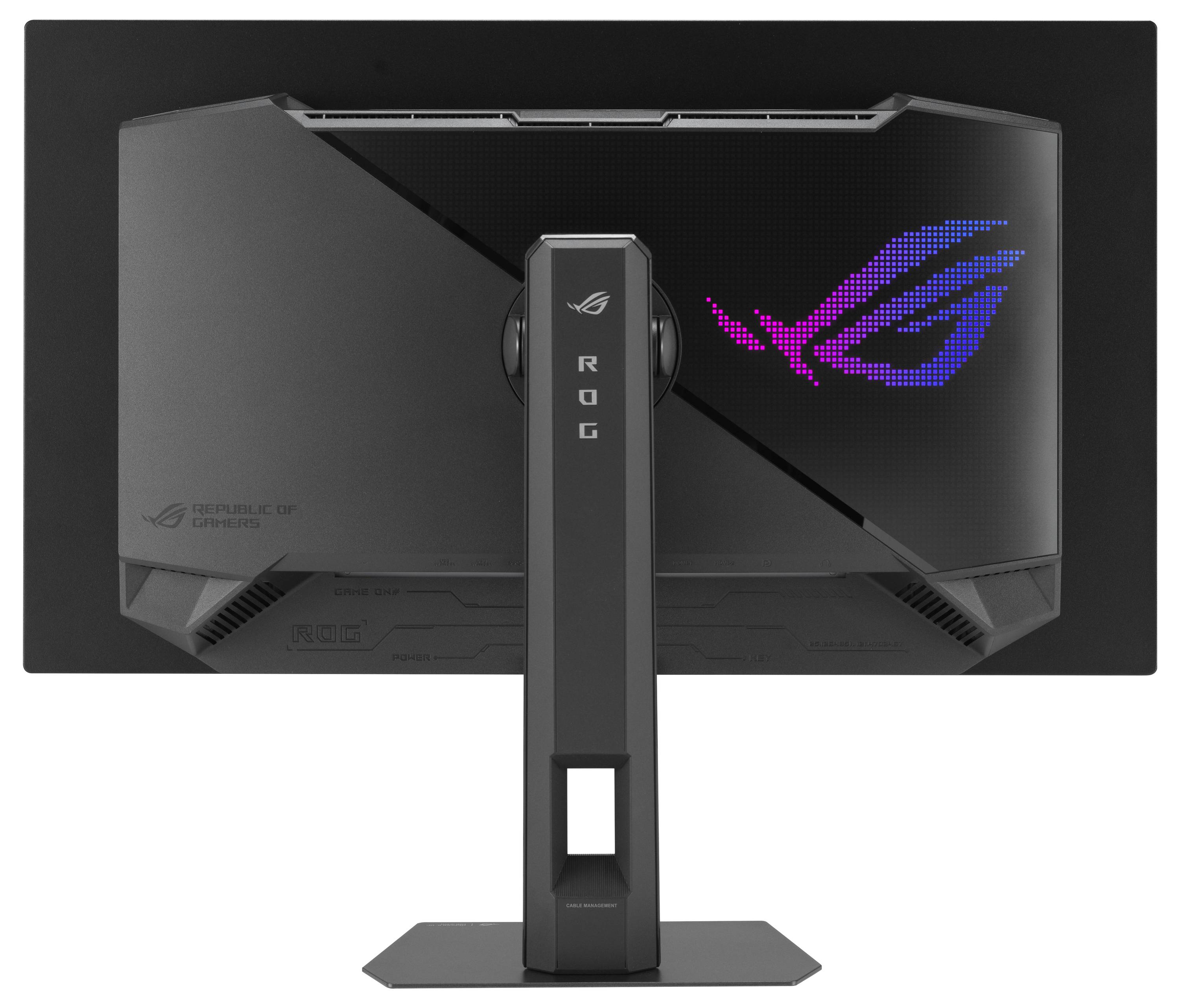 'Rückseite eines schwarzen ASUS-Computermonitors mit Stromversorgung und HDMI-Anschlüssen sowie einem Kabelführungsschlitz.'
