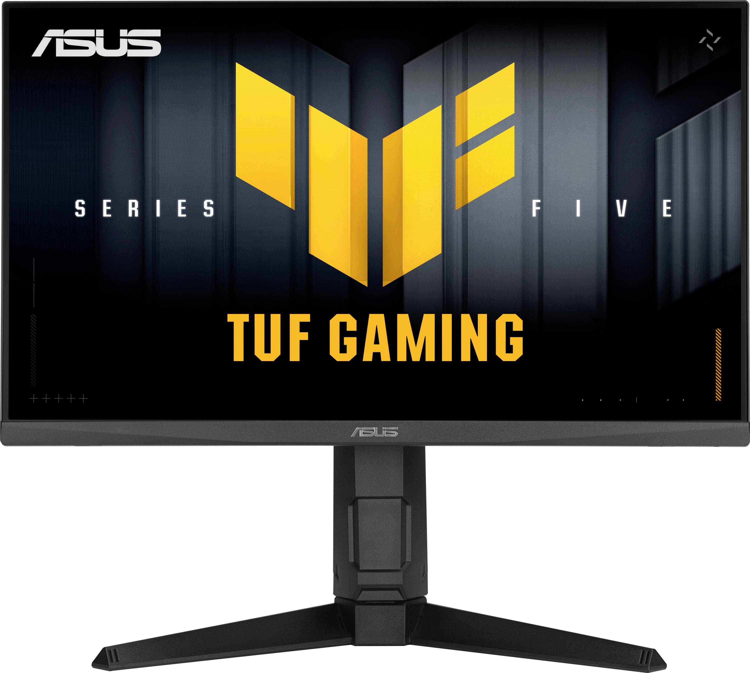 „ASUS TUF Gaming Series Five" Monitor mit Ständer, der ein stilisiertes gelbes Emblem und Text auf dunklem Hintergrund anzeigt.