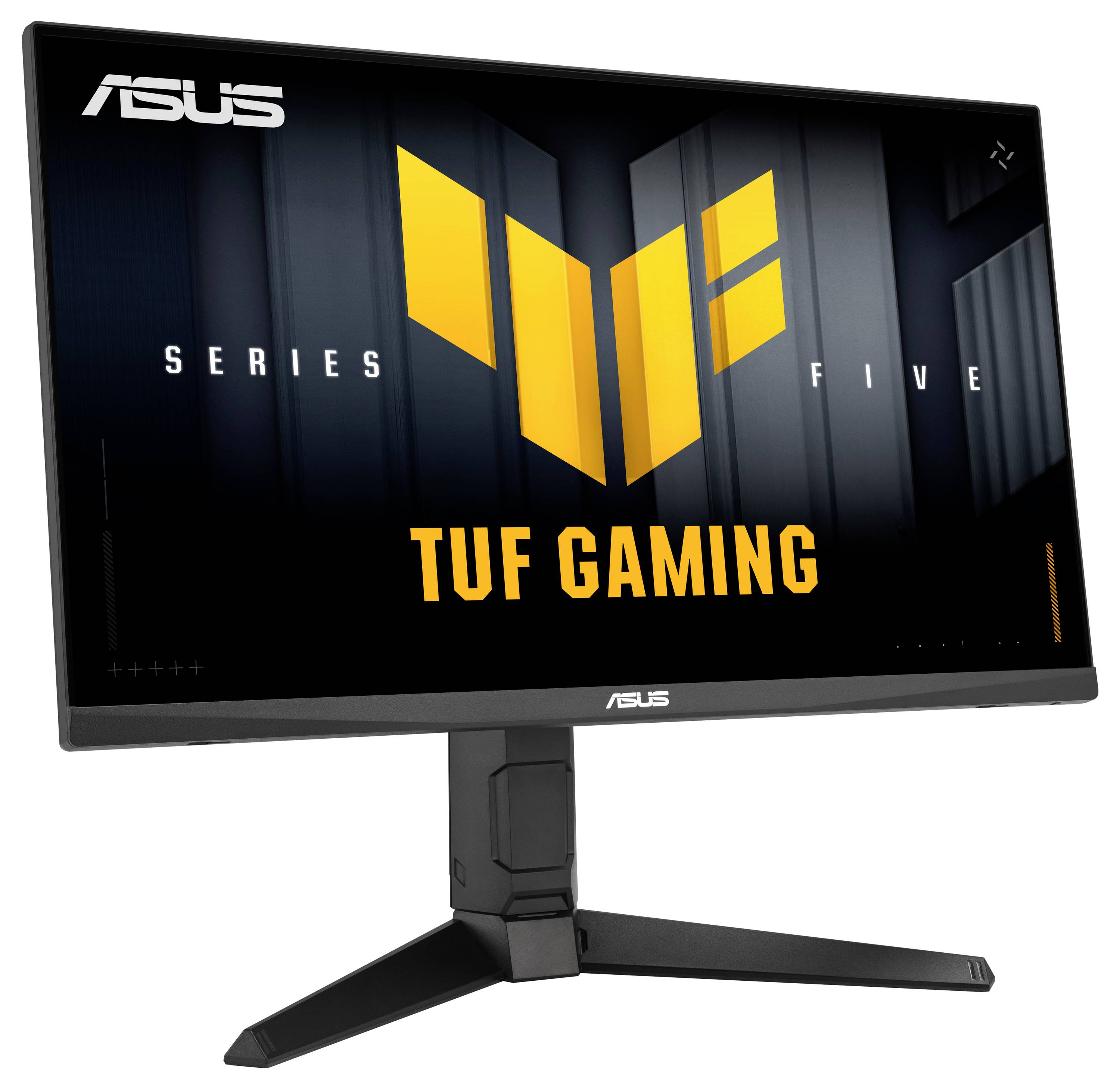 Ein Gaming-Monitor mit dem Logo und dem Text "TUF Gaming Series Five" auf dem Bildschirm, mit einem eleganten, kantigen Ständer und schmalen Displayrändern.