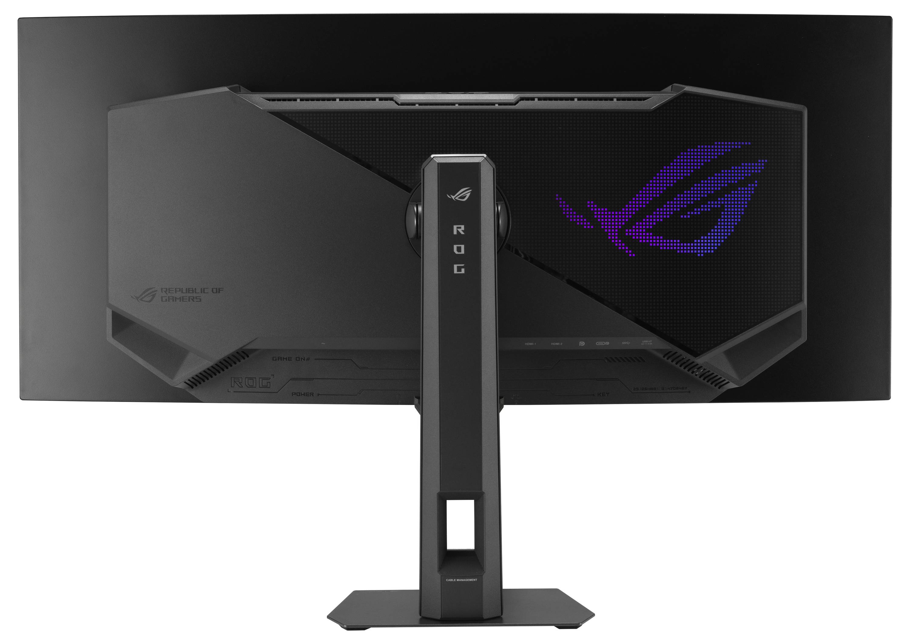 „ROG Swift"-Gaming-Monitor von hinten betrachtet, mit angularem, modernem Design und dem in Lila leuchtenden „ROG"-Logo auf einer Seite.