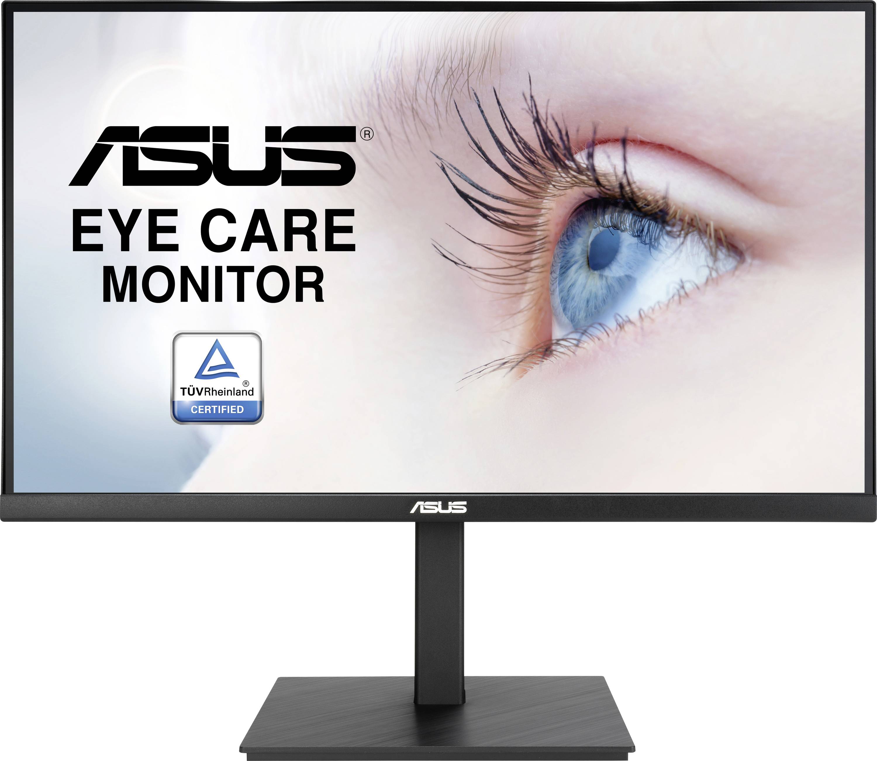 ASUS-Monitor-Bildschirm mit einer Nahaufnahme eines Auges und dem Text „ASUS Eye Care Monitor" sowie dem Logo „TÜV Rheinland zertifiziert".