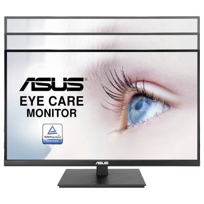 Die Rückseite eines schwarzen Computermonitors mit rundem Ständer, die Anschlüsse für Stromversorgung und Verbindungen zeigt, auf der Rückseite mit "ASUS" gekennzeichnet.