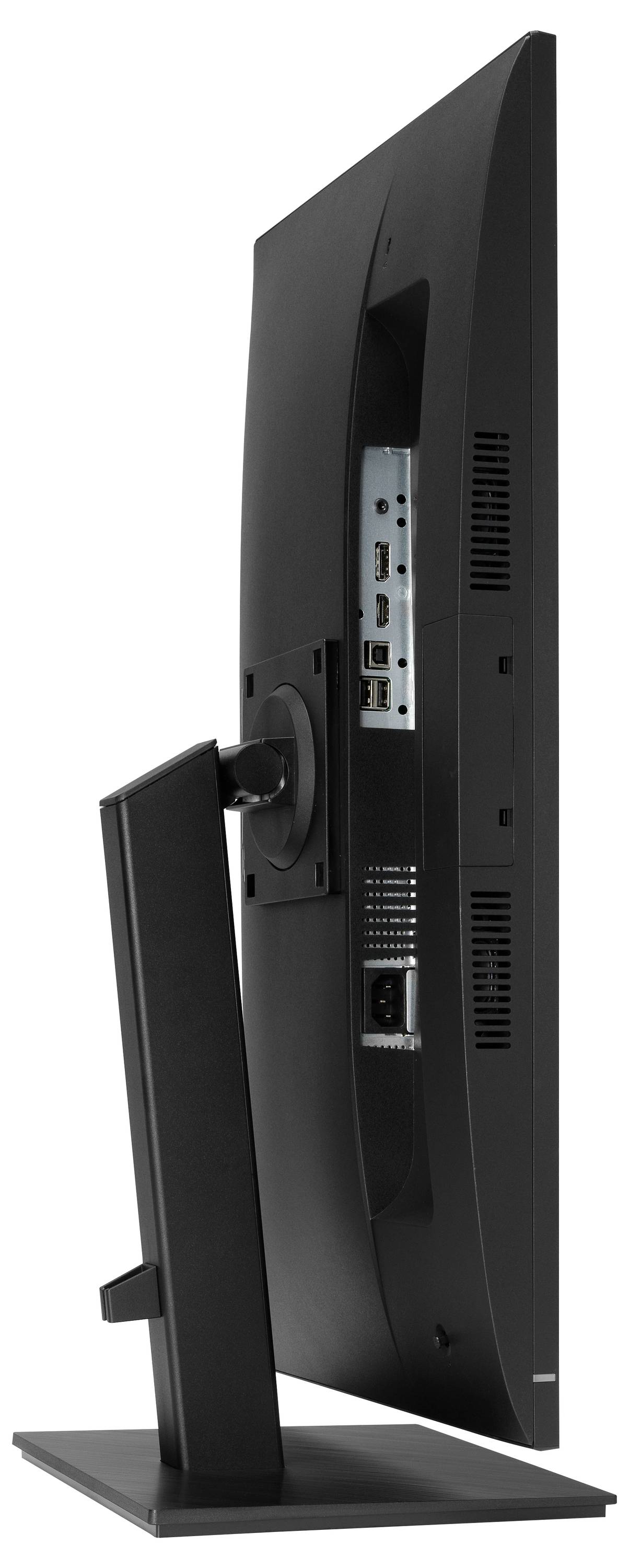 Eine Seitenansicht eines schwarzen Computermonitors, die seine Anschlüsse und verstellbaren Ständer zeigt und das schlanke Profil des Monitors sowie seine Konnektivitätsoptionen verdeutlicht.