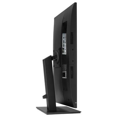 Eine Seitenansicht eines schwarzen Computermonitors, die seine Anschlüsse und verstellbaren Ständer zeigt und das schlanke Profil des Monitors sowie seine Konnektivitätsoptionen verdeutlicht.