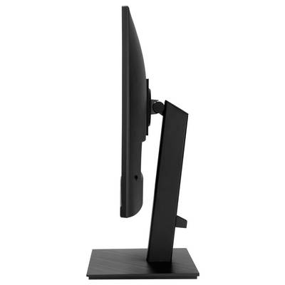 Rückansicht eines schwarzen ASUS-Breitbild-Monitors auf einem Ständer, mit dem ASUS-Logo oben und eleganten Designelementen auf der Rückseite.