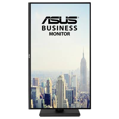 „ASUS Business Monitor" mit einem Hintergrundbild einer Stadtsilhouette mit hohen Gebäuden unter einem klaren blauen Himmel.