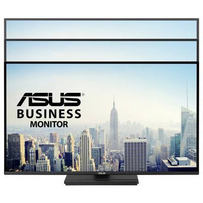 ASUS-Geschäftsmonitor mit Stadtsilhouette auf dem Bildschirm, der die große, klare Anzeige unterstreicht, die sich für Geschäftsumgebungen eignet.