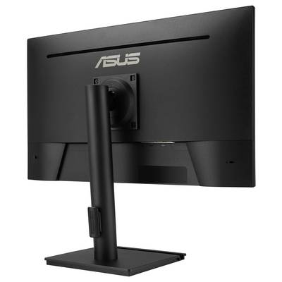 Rückansicht eines schwarzen ASUS TUF Gaming-Monitors mit Ständer und Branding, das sein elegantes Design und scharfkantiges Erscheinungsbild hervorhebt.