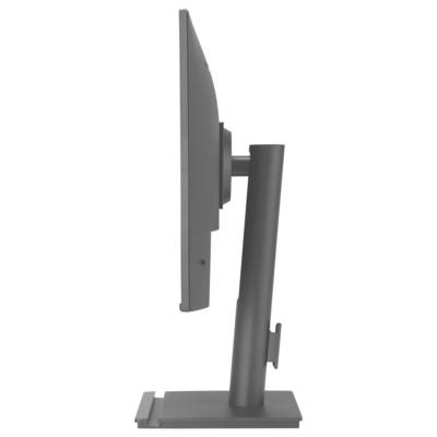 Eine Seitenansicht eines Flachbildschirms auf einem verstellbaren Ständer, die sein schlankes Design und die ergonomische Unterstützung zeigt.