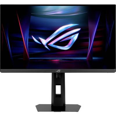 Ein Gaming-Monitor, der ein lebendiges, futuristisches Bild mit Neonlichtern und abstrakten Formen anzeigt, mit einem beleuchteten Logo in der Mitte.