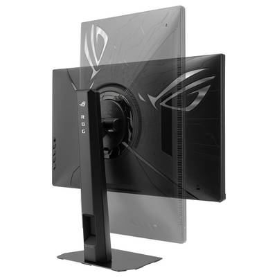 Ein von hinten betrachteter Computermonitor, der einen kantigen Ständer mit "ROG"-Text und ein großes Logo auf der Rückseite zeigt.