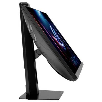 Ein eleganter schwarzer Computermonitor, von der Seite gezeigt, auf einem stilvollem Ständer. Der Bildschirm zeigt ein leuchtendes blaues und rotes abstraktes Design.
