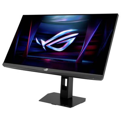 Ein eleganter, moderner Gaming-Monitor, der das "ROG"-Logo auf seinem Bildschirm anzeigt, eingebettet in einen stilisierten, futuristischen Hintergrund.