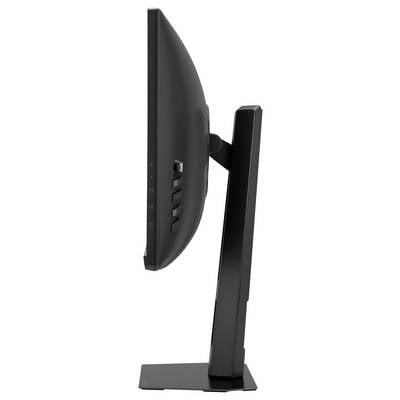 Ein eleganter, schwarzer Computermonitor, von hinten betrachtet, mit geschwungenem Design und verstellbarem Ständer, der seine moderne Ästhetik unterstreicht.