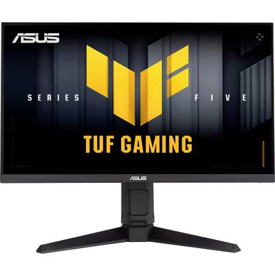 „ASUS TUF Gaming Monitor. SERIES FIVE" wird auf dem Bildschirm angezeigt. Der Monitor hat einen stabilen Ständer mit dem ASUS-Logo auf der unteren Blende.