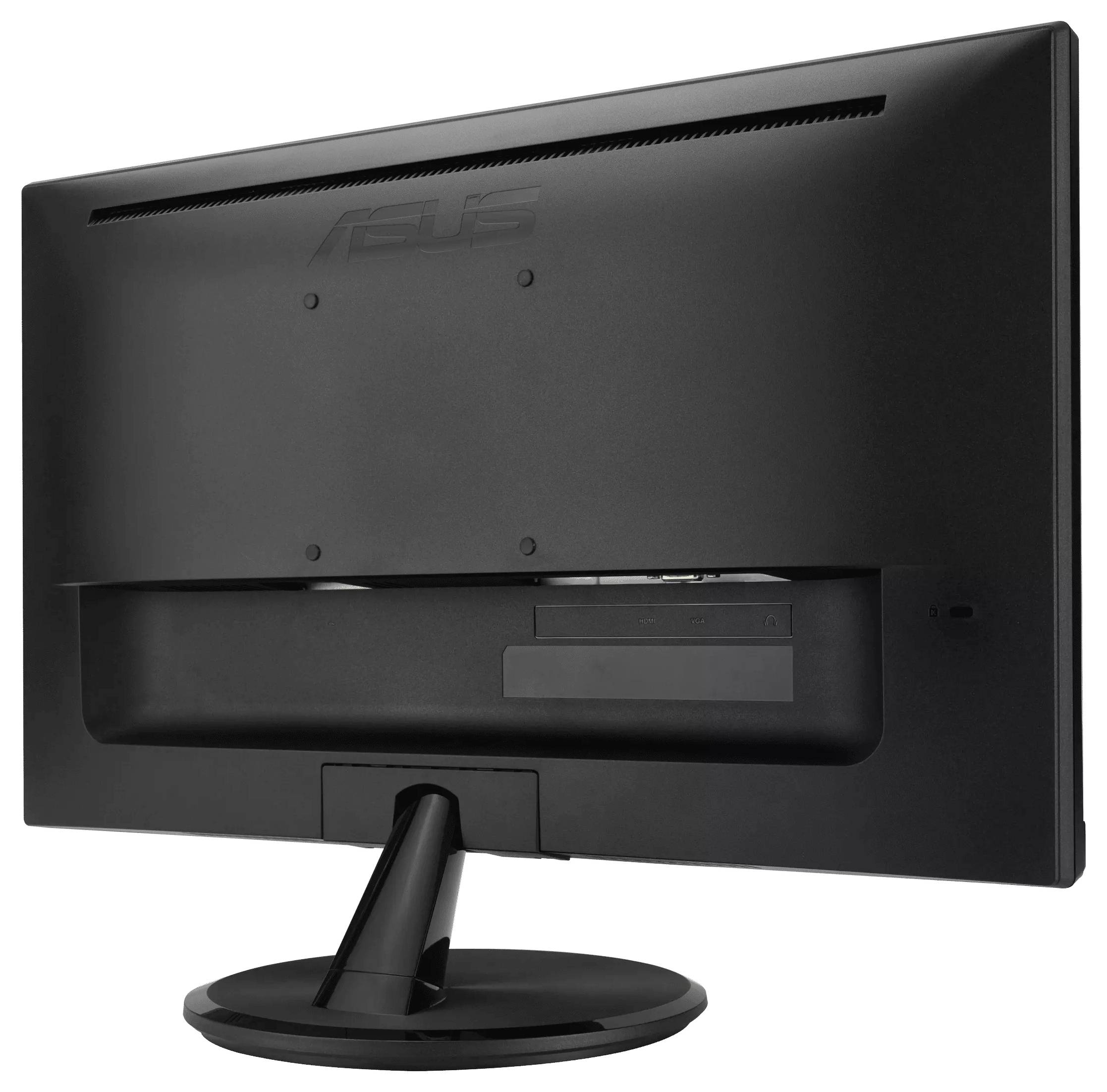 'Rückansicht eines schwarzen Computermonitors mit Ständer und Belüftungsschlitzen.'