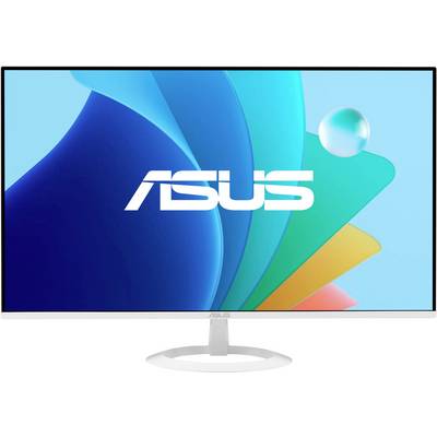 ASUS-Monitor mit lebhaftem abstraktem Hintergrund in Blau-, Grün-, Gelb- und Orangetönen, mit dem prominenten ASUS-Logo in der Mitte.