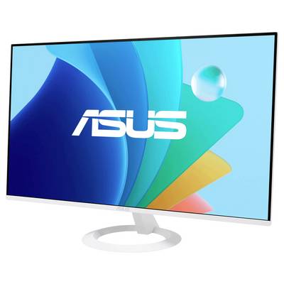 Ein Computermonitor zeigt das ASUS-Logo auf einem farbenfrohen abstrakten Hintergrund mit blauen, grünen und gelben Wirbeln.