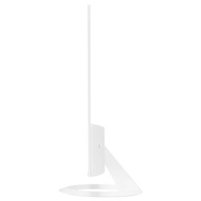 Ein schlanker, weißer Computermonitor von der Seite gezeigt, der sein dünnes Profil und das minimalistisches Standdesign betont.