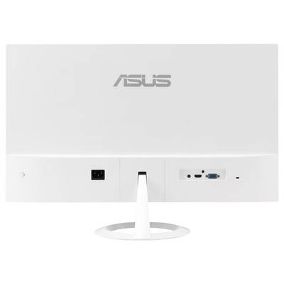 Das Bild zeigt die Rückseite eines weißen ASUS-Computermonitors mit Stromversorgungs- und Konnektivitätsanschlüssen, einschließlich HDMI- und VGA-Eingängen.