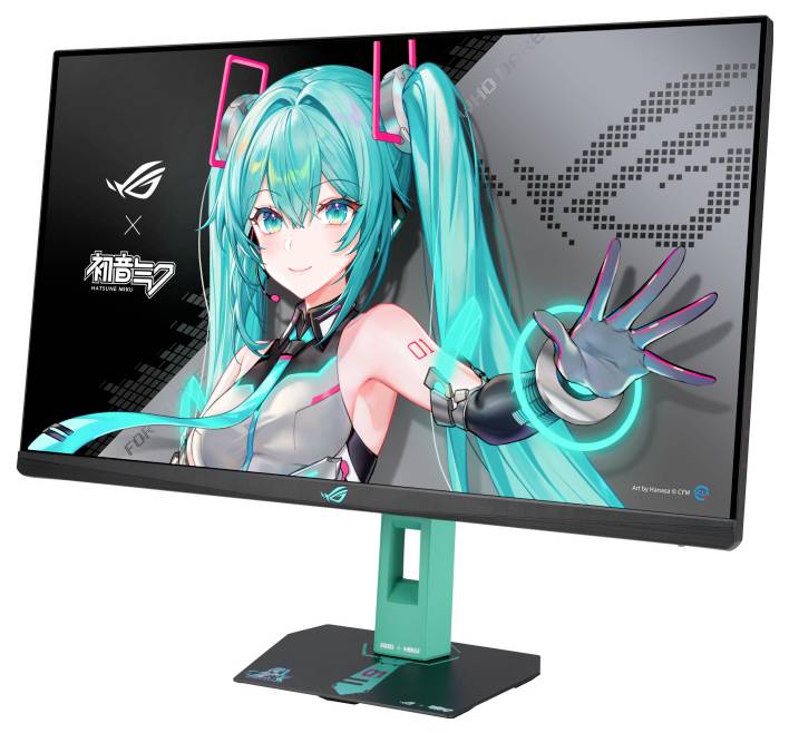 Ein Computermonitor zeigt einen Anime-Charakter mit blaugrünem Haar, der eine willkommene Geste macht. Das Markenlogo des Monitors ist sichtbar.
