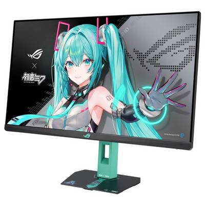Ein Computermonitor zeigt einen Anime-Charakter mit blaugrünem Haar, der eine willkommene Geste macht. Das Markenlogo des Monitors ist sichtbar.