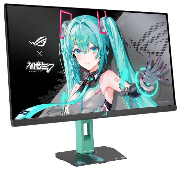 Ein Computermonitor zeigt einen Anime-Charakter mit aquamarinen Haaren und futuristischem Outfit neben dem ROG-Logo und japanischem Text an.