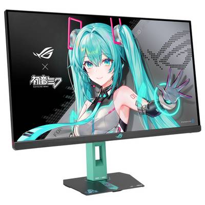 Ein Computermonitor zeigt einen Anime-Charakter mit aquamarinen Haaren und futuristischem Outfit neben dem ROG-Logo und japanischem Text an.