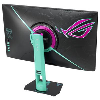 'Schrägansicht eines schlanken, modernen Computermonitors auf einem einzigartigen, geometrischen Ständer, der das ROG-Logo mit LED-Beleuchtungsakzenten anzeigt.'