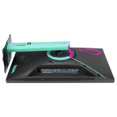 Gaming-Monitor Rückansicht mit Teal- und Pink-Design, mit Anschlussanschlüssen wie HDMI und USB und lebhaften Branding-Details.