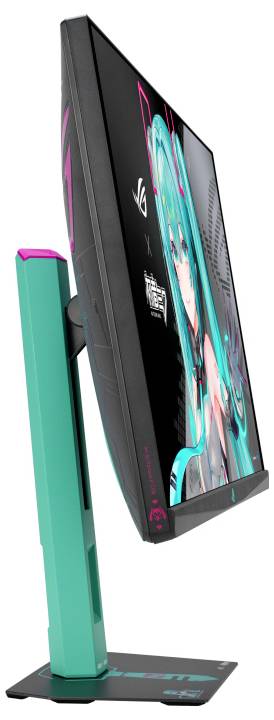 Ein Gaming-Monitor mit einer Figur auf dem Bildschirm, mit einem Teal- und Schwarz-Farbschema und einem schlanken, modernen Design.