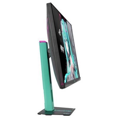 Ein Gaming-Monitor mit einer Figur auf dem Bildschirm, mit einem Teal- und Schwarz-Farbschema und einem schlanken, modernen Design.