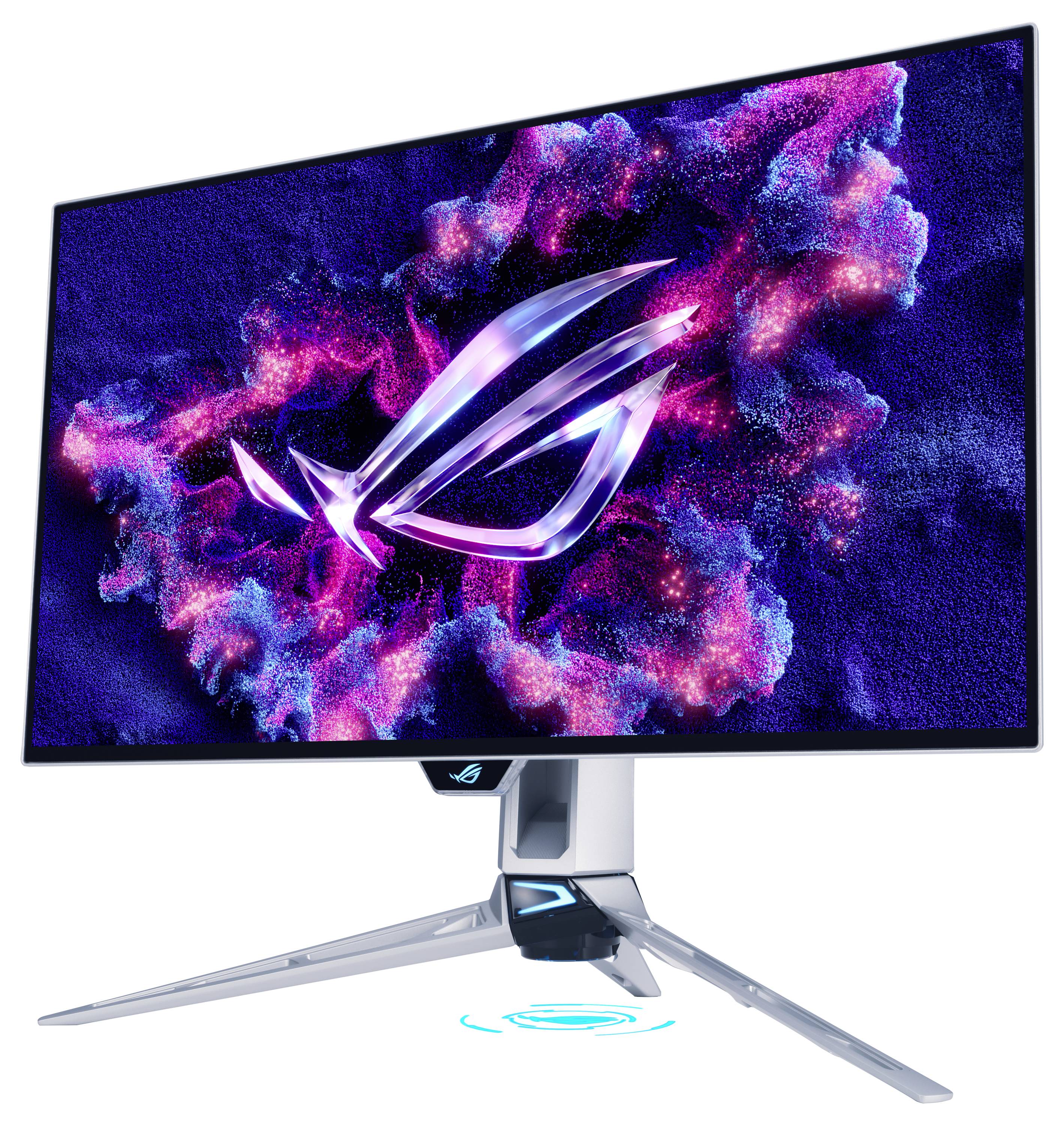 Ein eleganter Gaming-Monitor mit einer lebendigen, abstrakten Grafik im Weltraum-Design mit leuchtenden Farben, gestützt durch einen futuristischen Ständer.