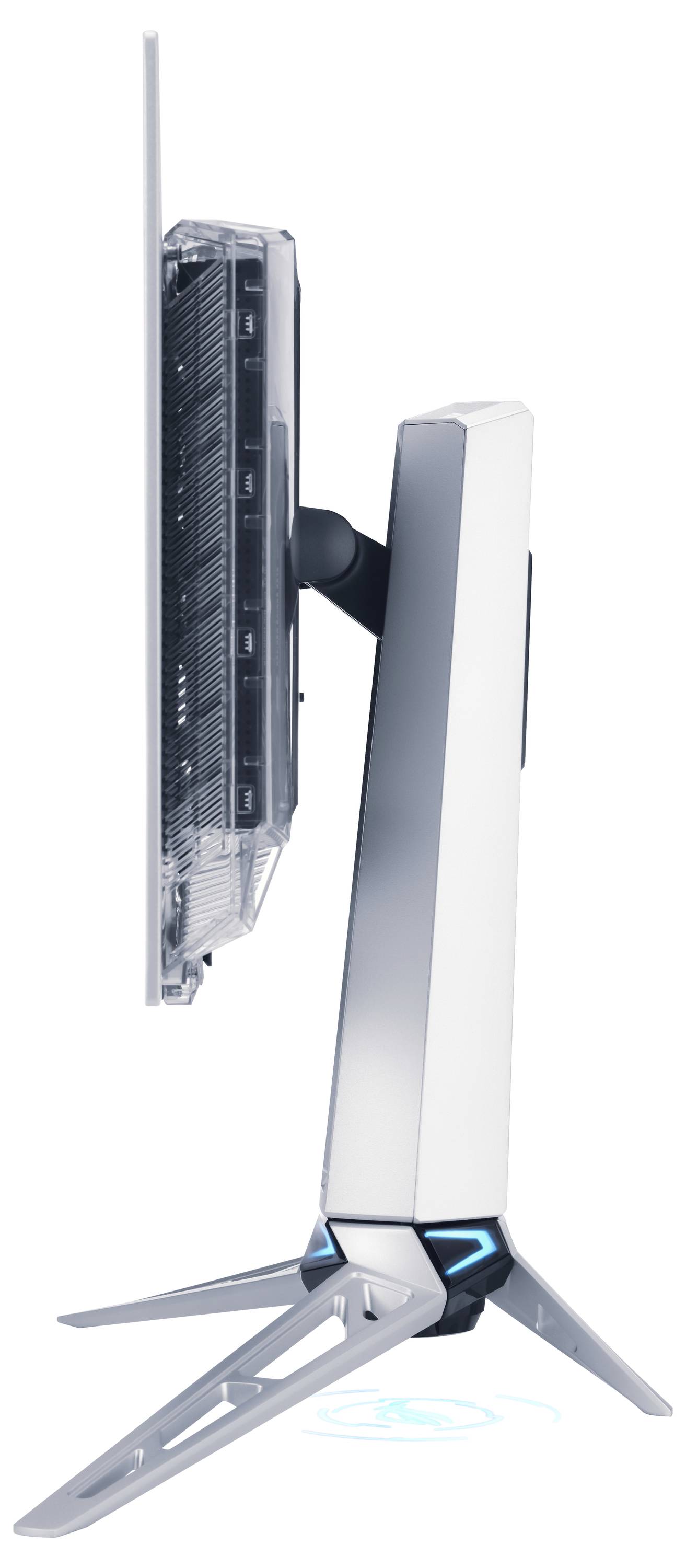Eine Seitenansicht eines schlanken, modernen Monitors mit einem dünnen Profil und futuristischem Ständer. Die Basis weist ein subtiles blaues Licht auf.