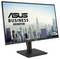 Ein schwarzer ASUS TUF Gaming Monitor, von hinten betrachtet, zeigt seinen kantigen Ständer und die Anschlüsse auf der Rückseite, geeignet für Gamer.