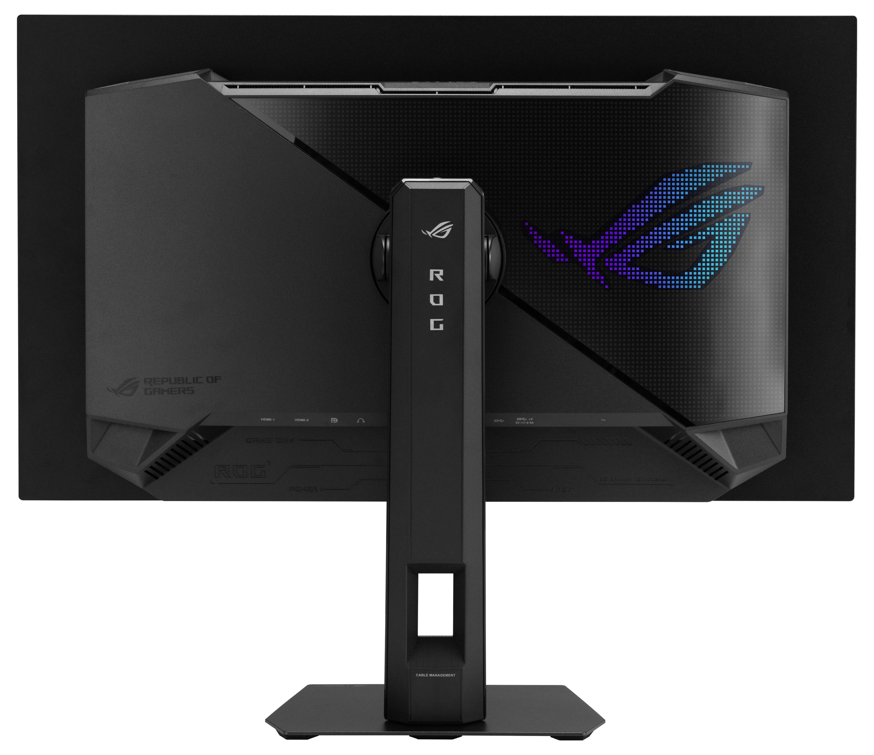 Ein schwarzer Computermonitor mit dem "ROG"-Logo in blauen und violetten Lichtern auf der Rückseite und einem Ständer mit der Bezeichnung "ROG".
